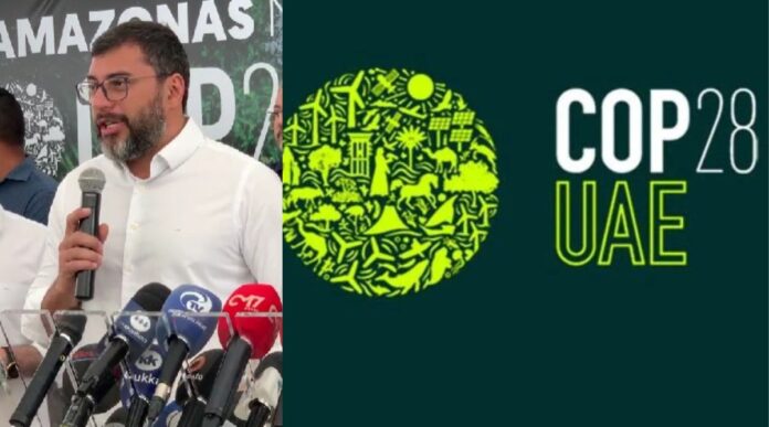 Imagem colorida mostra Wilson Lima a esquerda e a direita a logo da COP 28